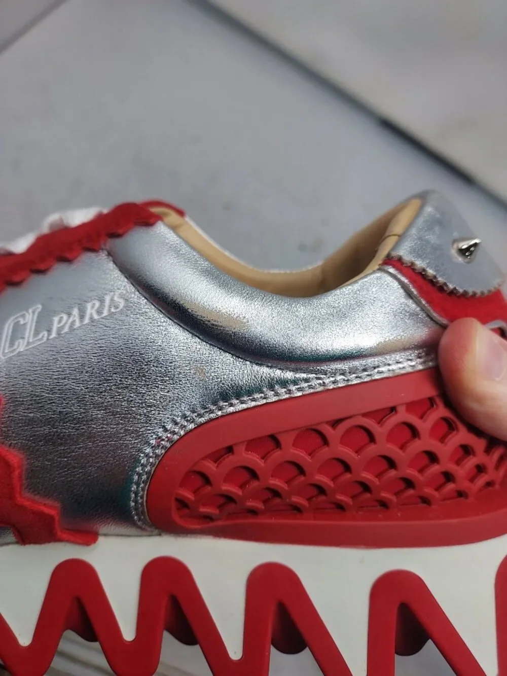 CHRISTIAN LOUBOUTIN MENS  Loubishark Red Silver Low Top Sneaker